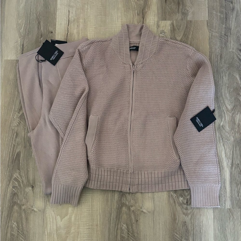Vera Wang Sz M Mauve Track Jacket Style Zip Knit Cardigan/Pants New MSRP 109.98